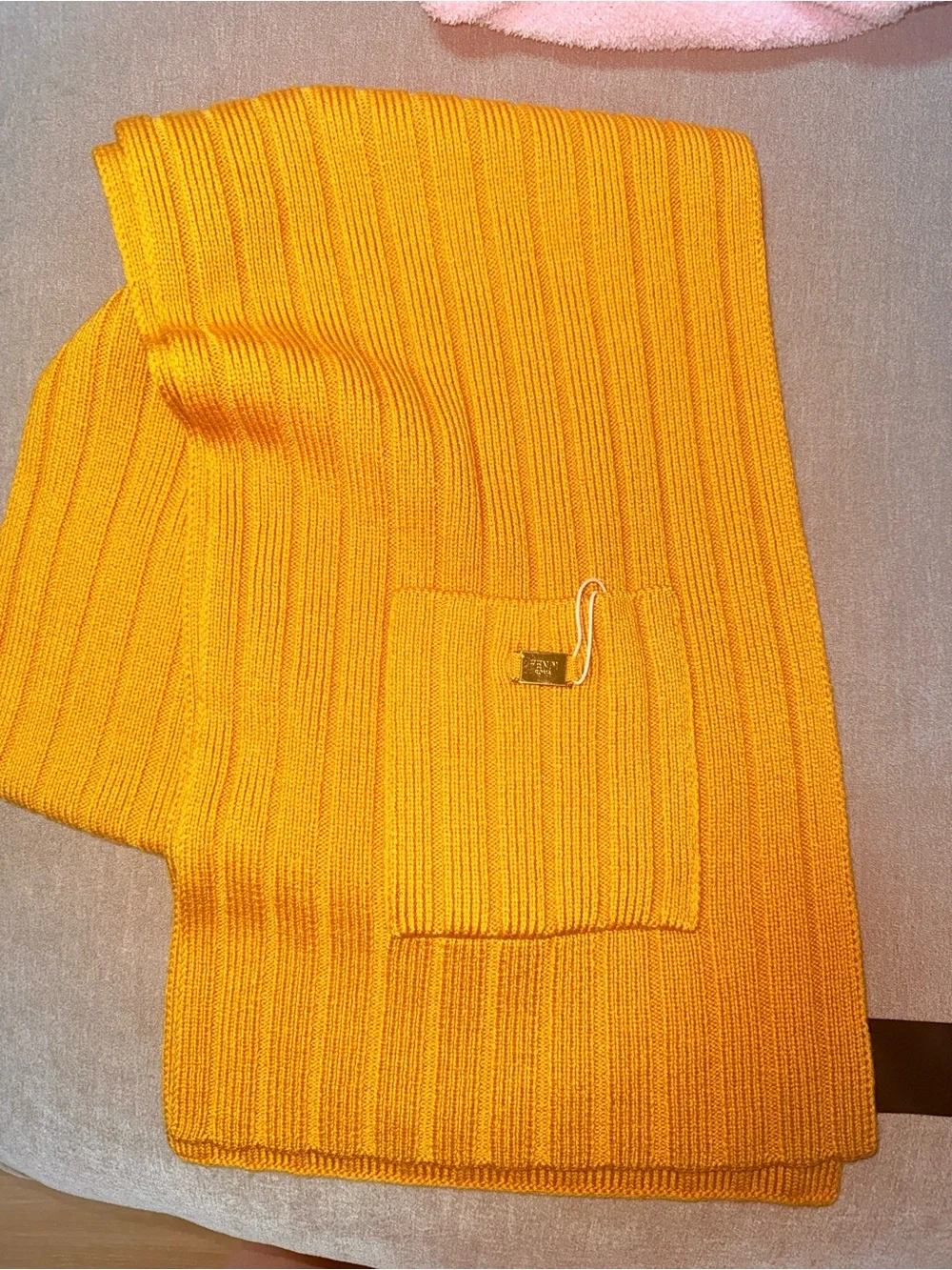 Fendi Logo Plaque Ribbed Knit Sweater Scarf - mustard
